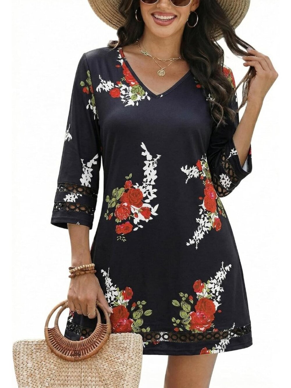 Women Black Floral Polyester Coverup Beach Swimsuit Coverup Bathing Suit CoverUp